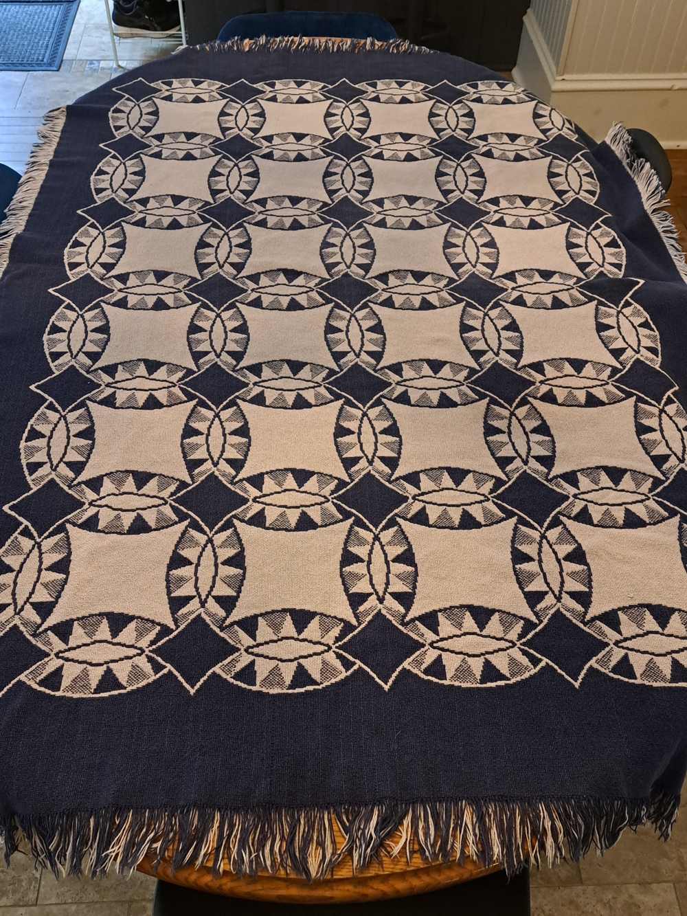 Source Unknown Navy and White Geometric Fringe Throw Blanket